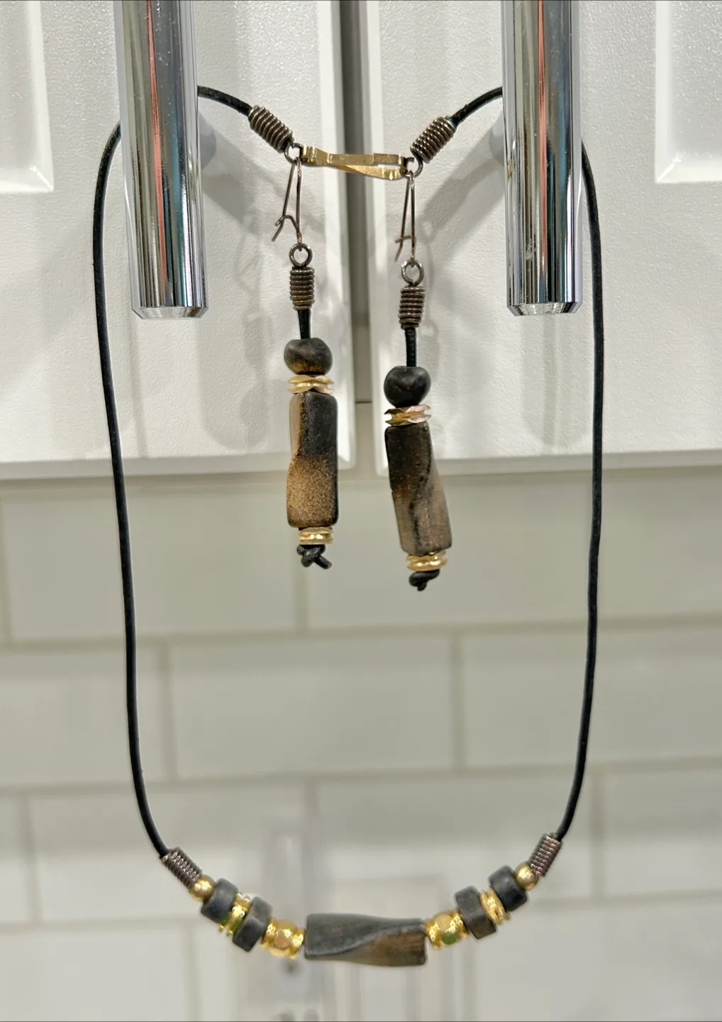 Stone/Wood Like Beaded Necklace with Matching Drop Earring Set thumbnail