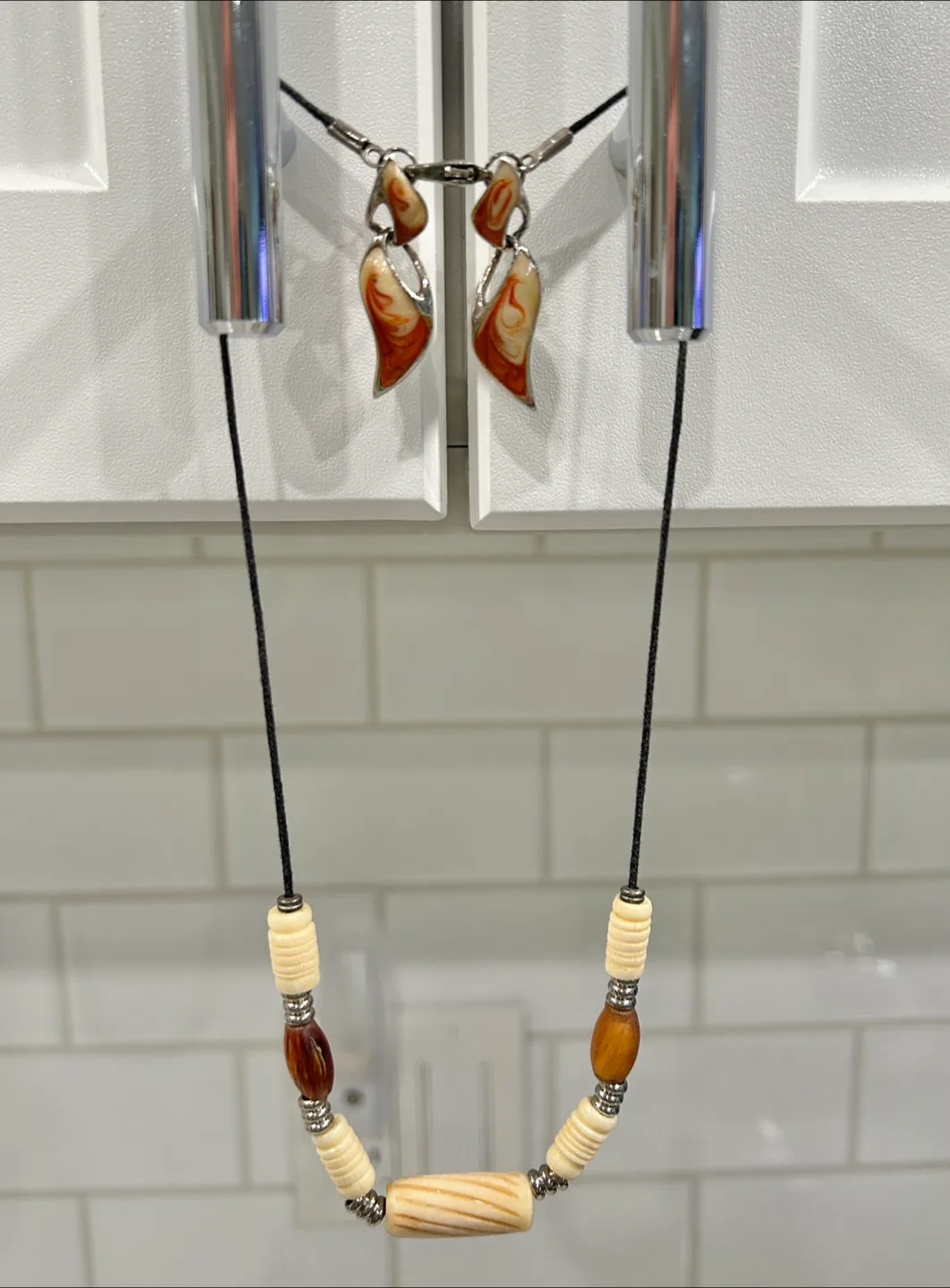 Cream and Brown Beaded Necklace and Drop Earring Matching Set thumbnail
