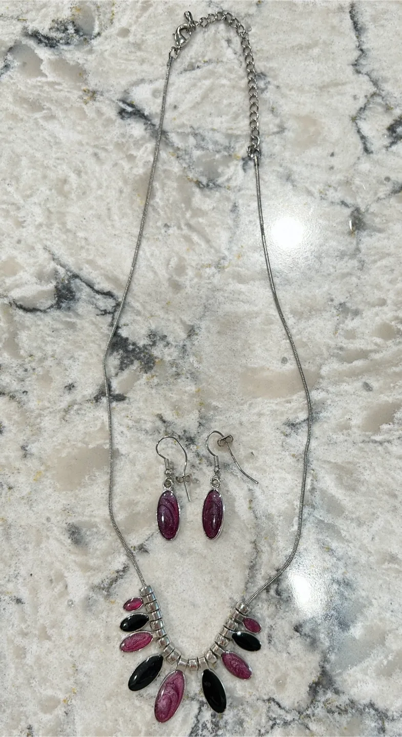 Purple and Black Silver Toned Necklace with Matching Earrings thumbnail