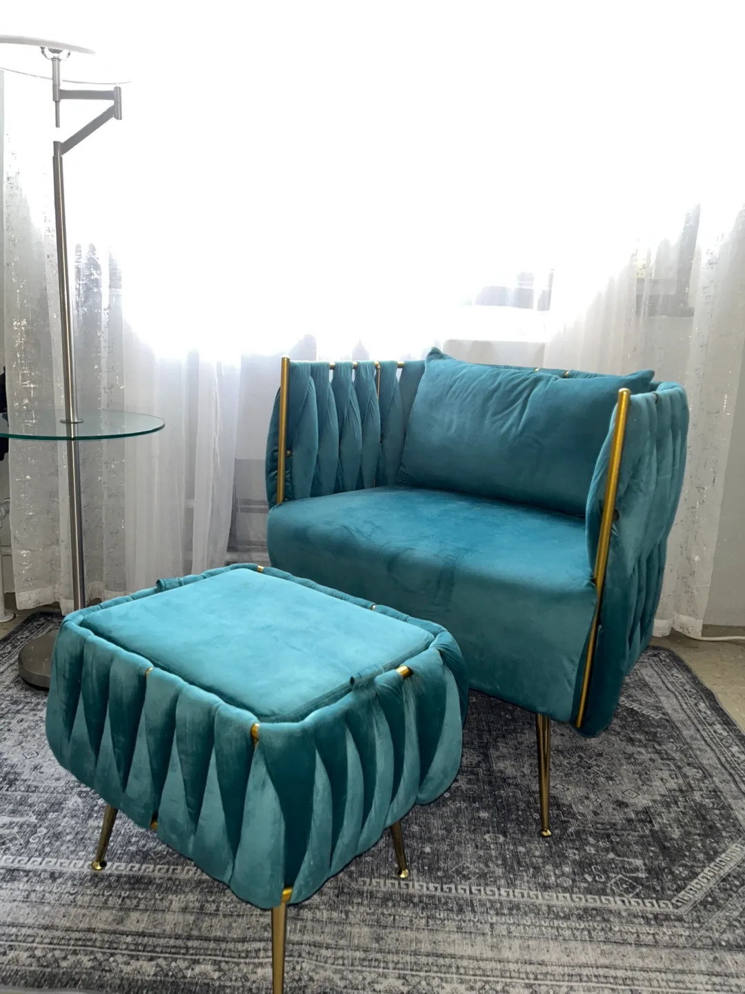 Teal Velvet Accent Chair & Ottoman Set thumbnail