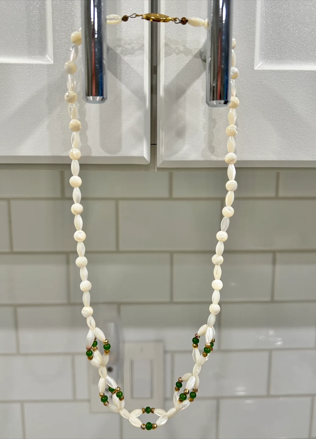 White Oval Shape & Green Beaded Necklace thumbnail