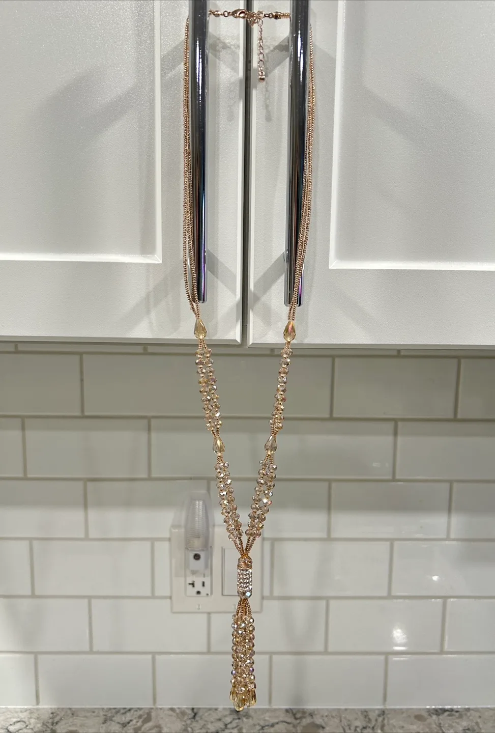 Champagne Colored Beaded Tassel Necklace thumbnail