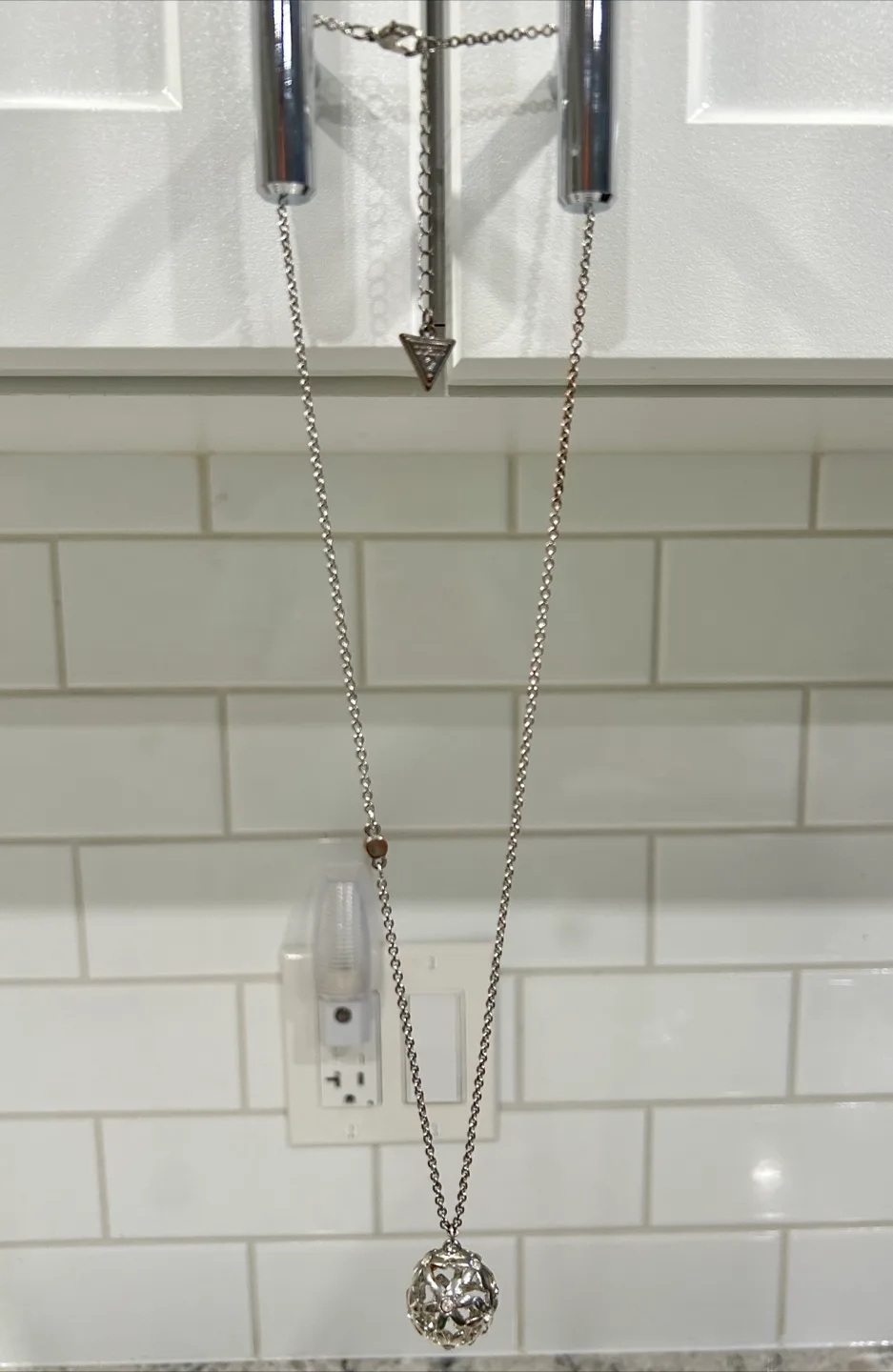 GUESS Vintage Silver Tone Floral Ball Pendant Necklace thumbnail