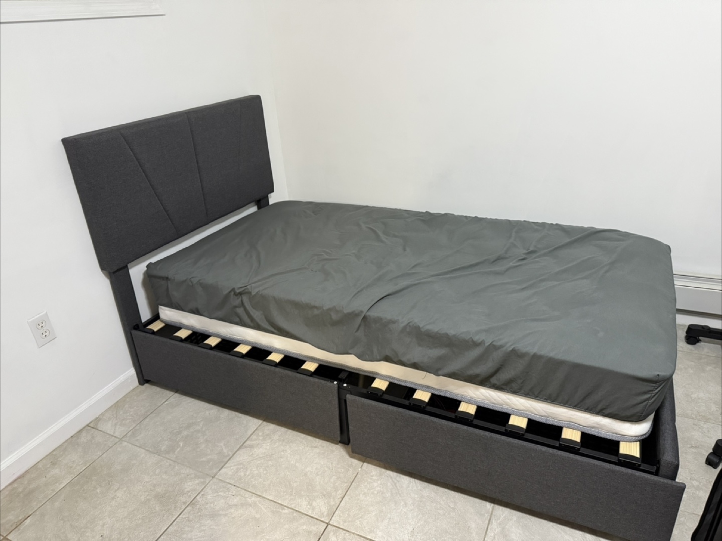 Gray Twin Bed Frame with Storage Drawers & Mattress