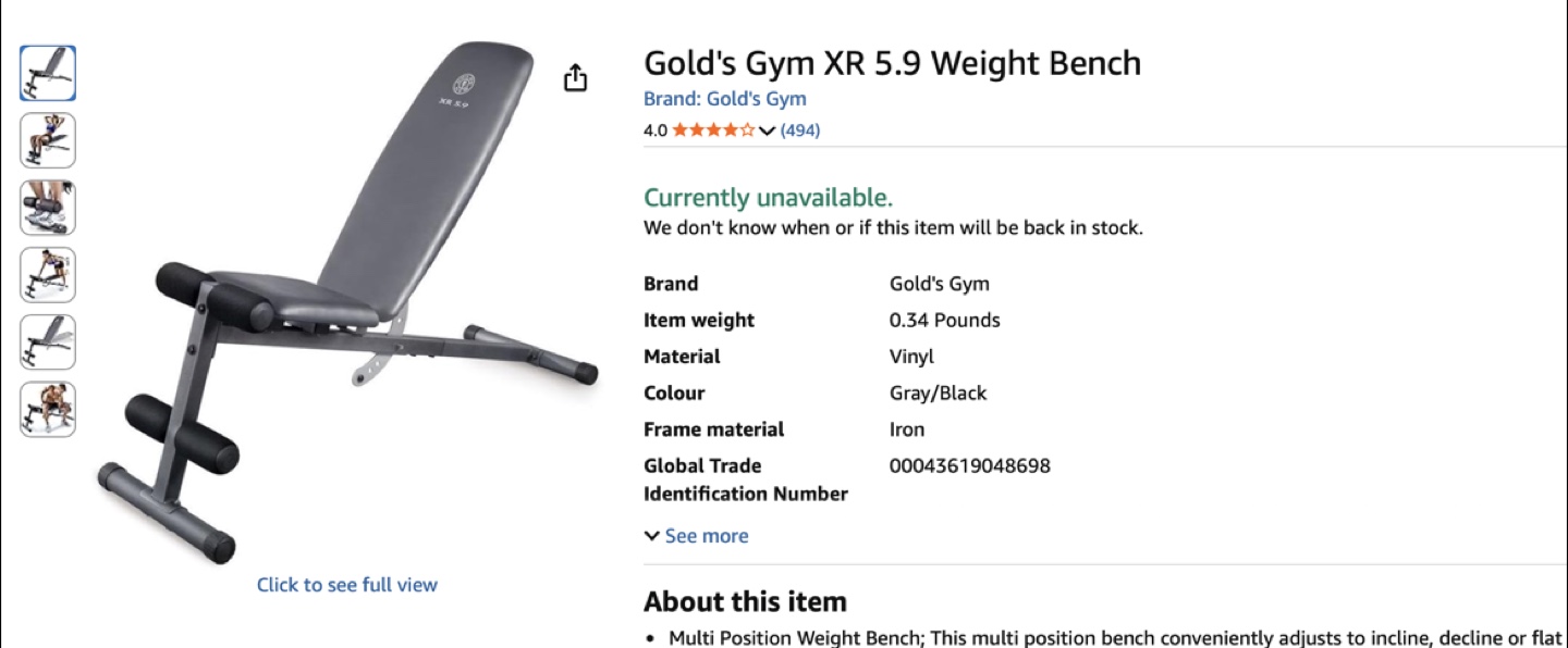 Gold's Gym XR 5.9 Weight Bench - Black/Gray