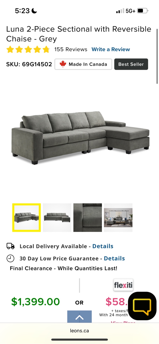 Luna 2-Piece Sectional with Reversible Chaise - Grey - photo 2