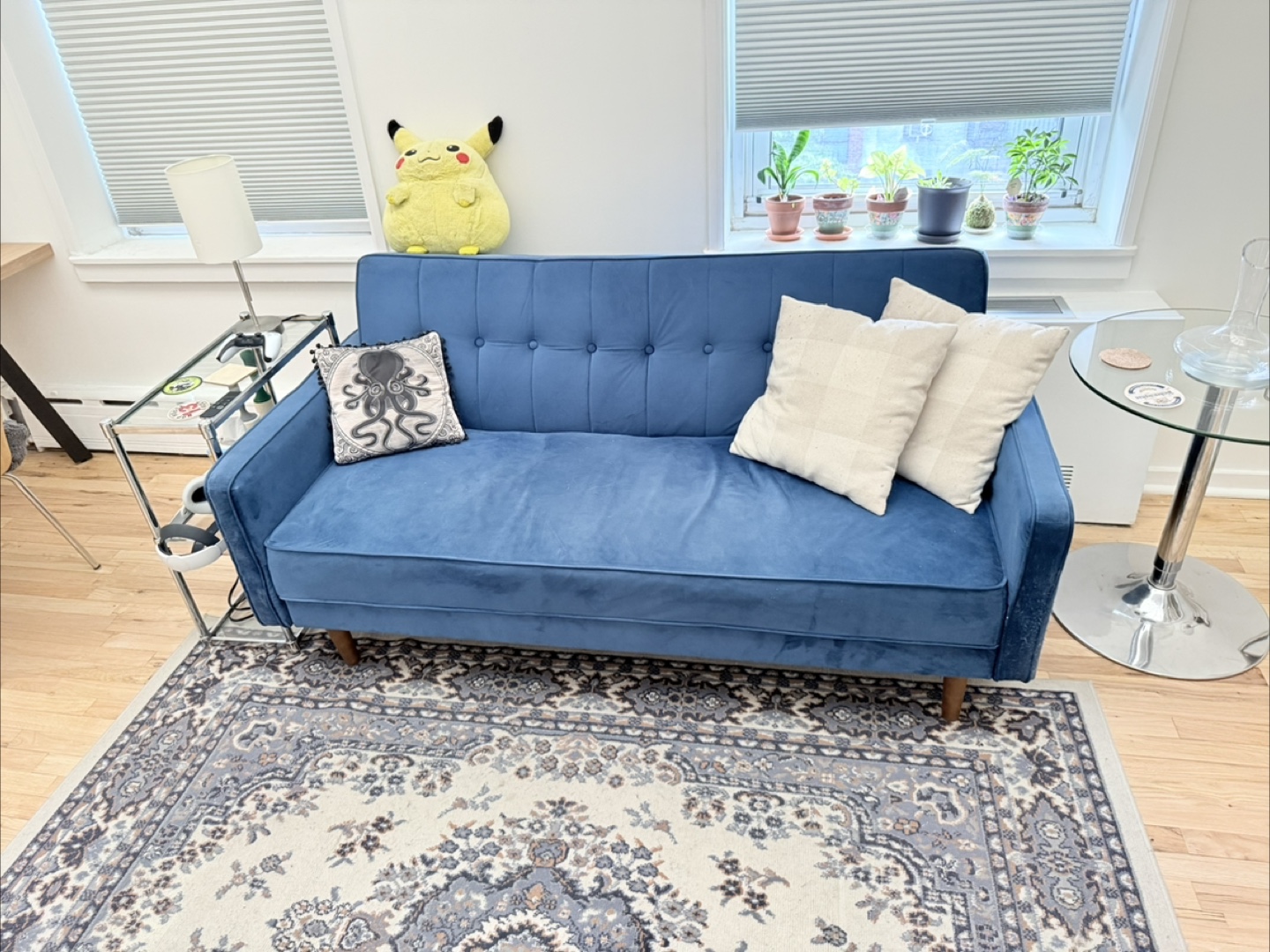 Free blue velvet fold-out couch