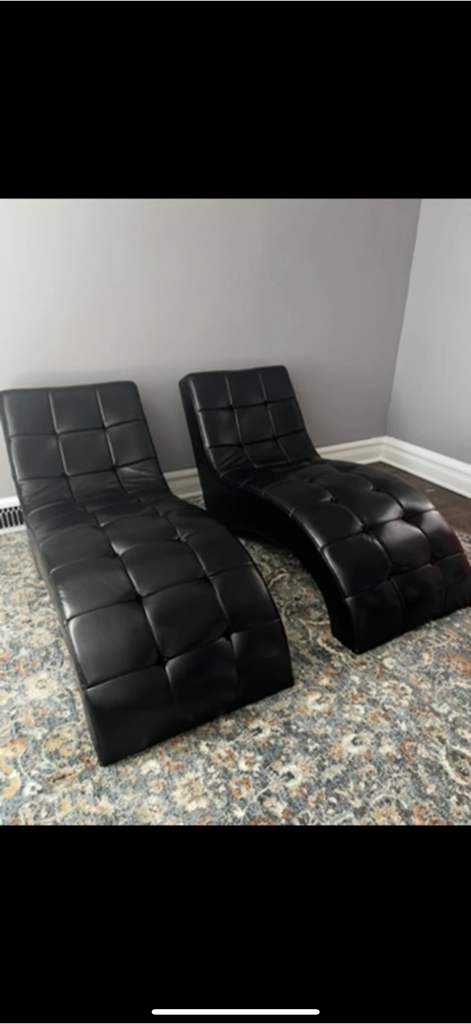Black Leather Chaise Lounge Chairs (Set of 2)