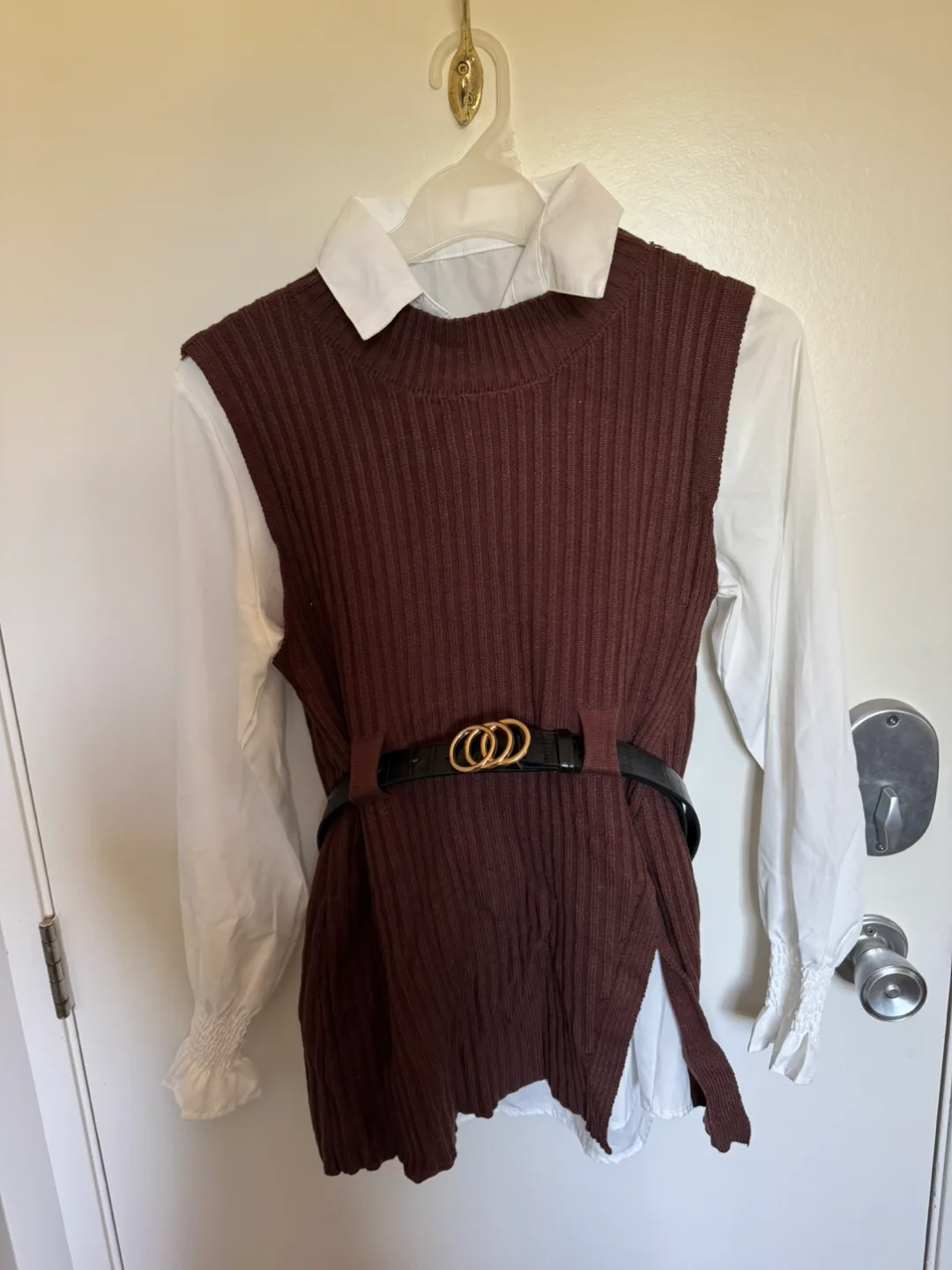 Brown Knit Vest with White Blouse thumbnail