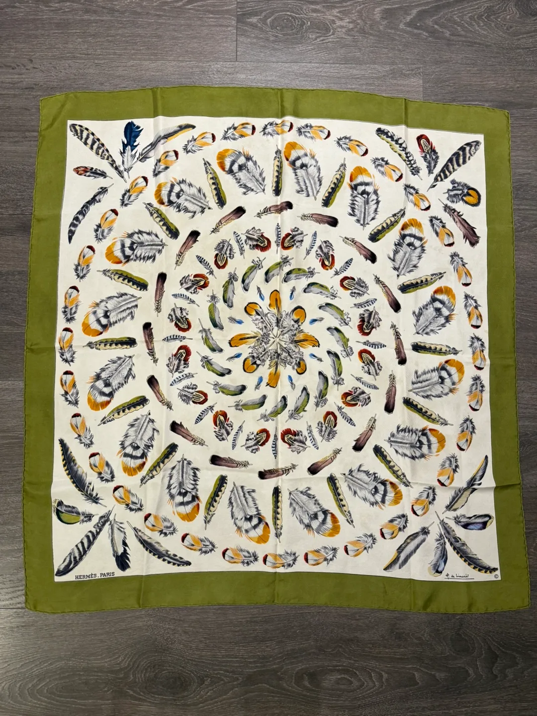 Authentic Hermes Silk Scarf Carres PLUMES Henri De Linares 90 Cm thumbnail