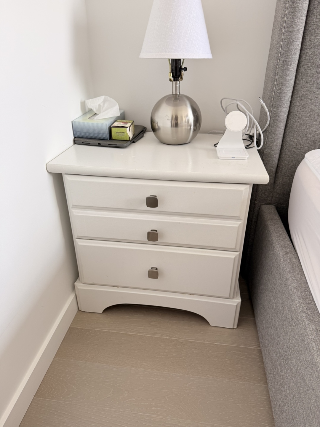 2 White 3-Drawer Nightstand and 3-Drawer Dresser