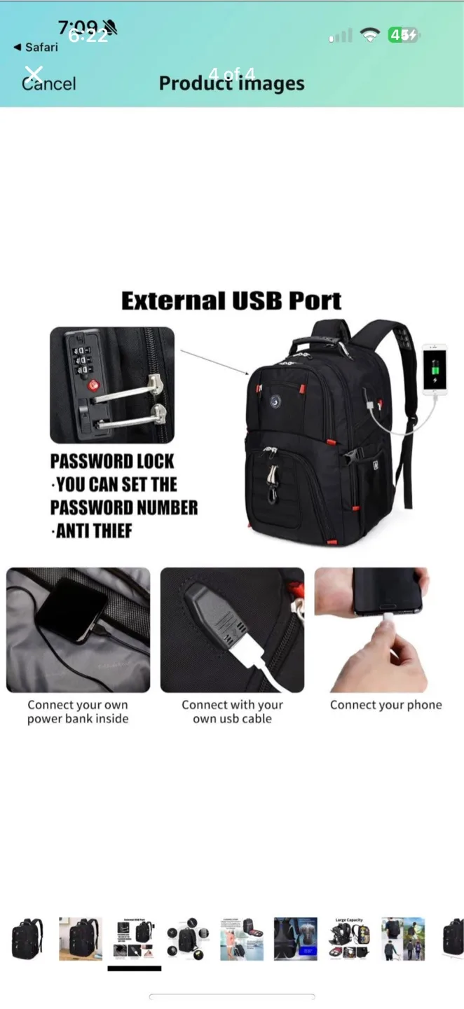 Black Anti-Theft Backpack with USB Port thumbnail