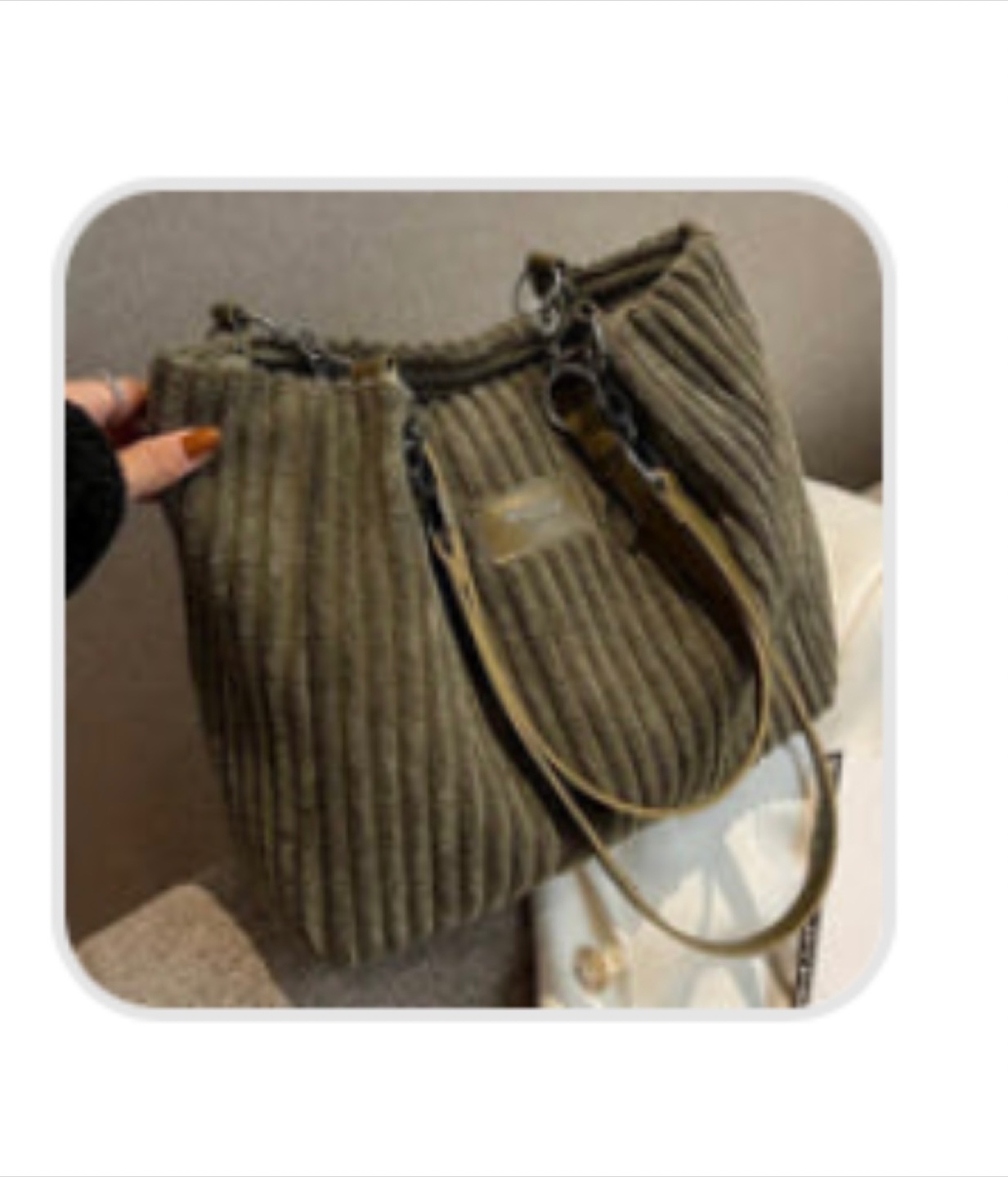 Noemi Elegant Ribbed Velvet Green Tote Bag