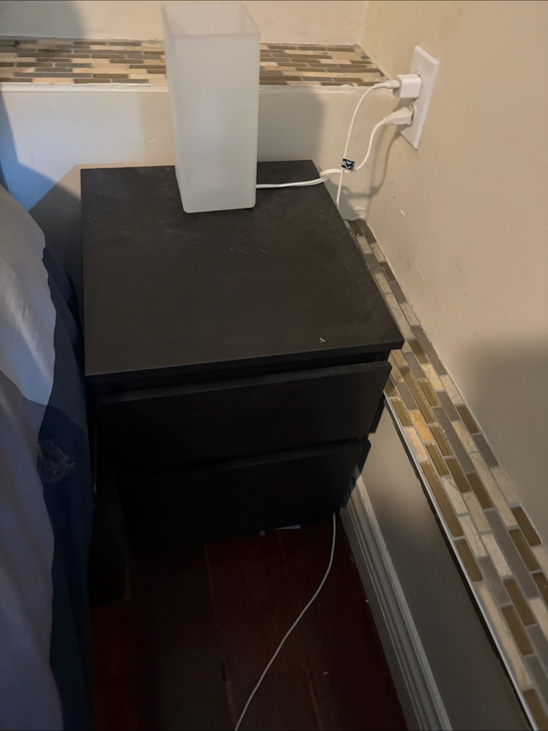 Frosted Glass Table Lamp and IKEA Malm Black Nightstand