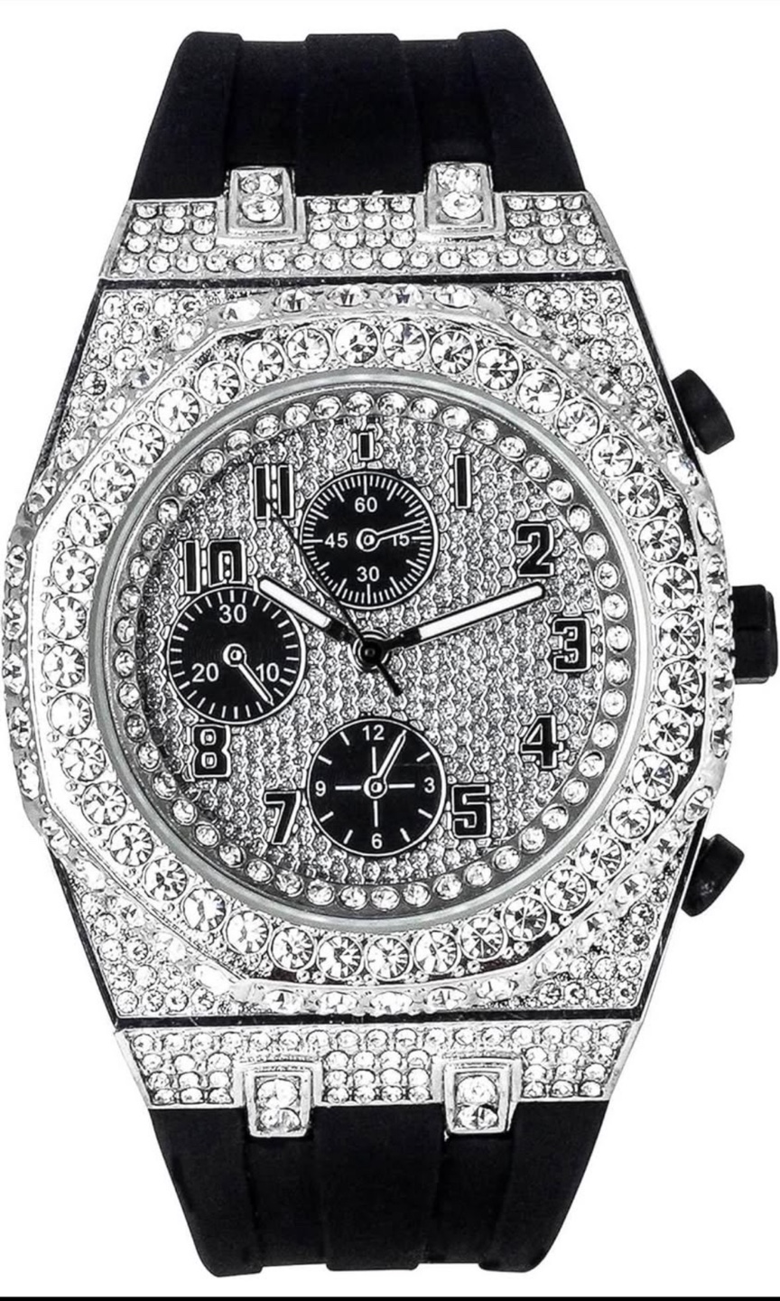 Silver & Black Crystal Watch with Box
