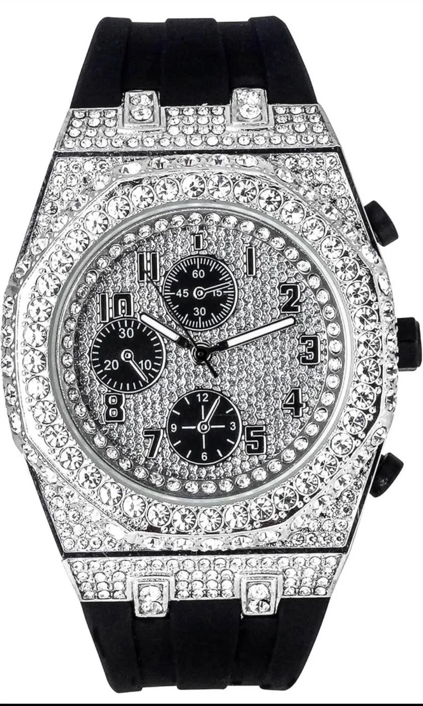 Silver & Black Crystal Watch with Box thumbnail