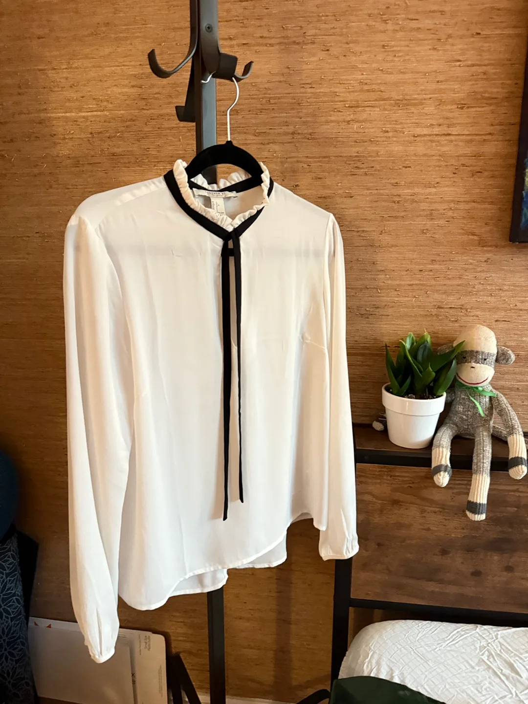 Collared White Blouse with Black “Tie” - Size Large thumbnail