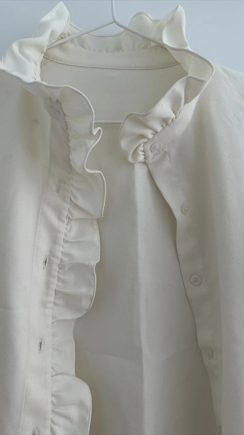 Ruffle Trim Button-Up Blouse - Cream image indicator(3)