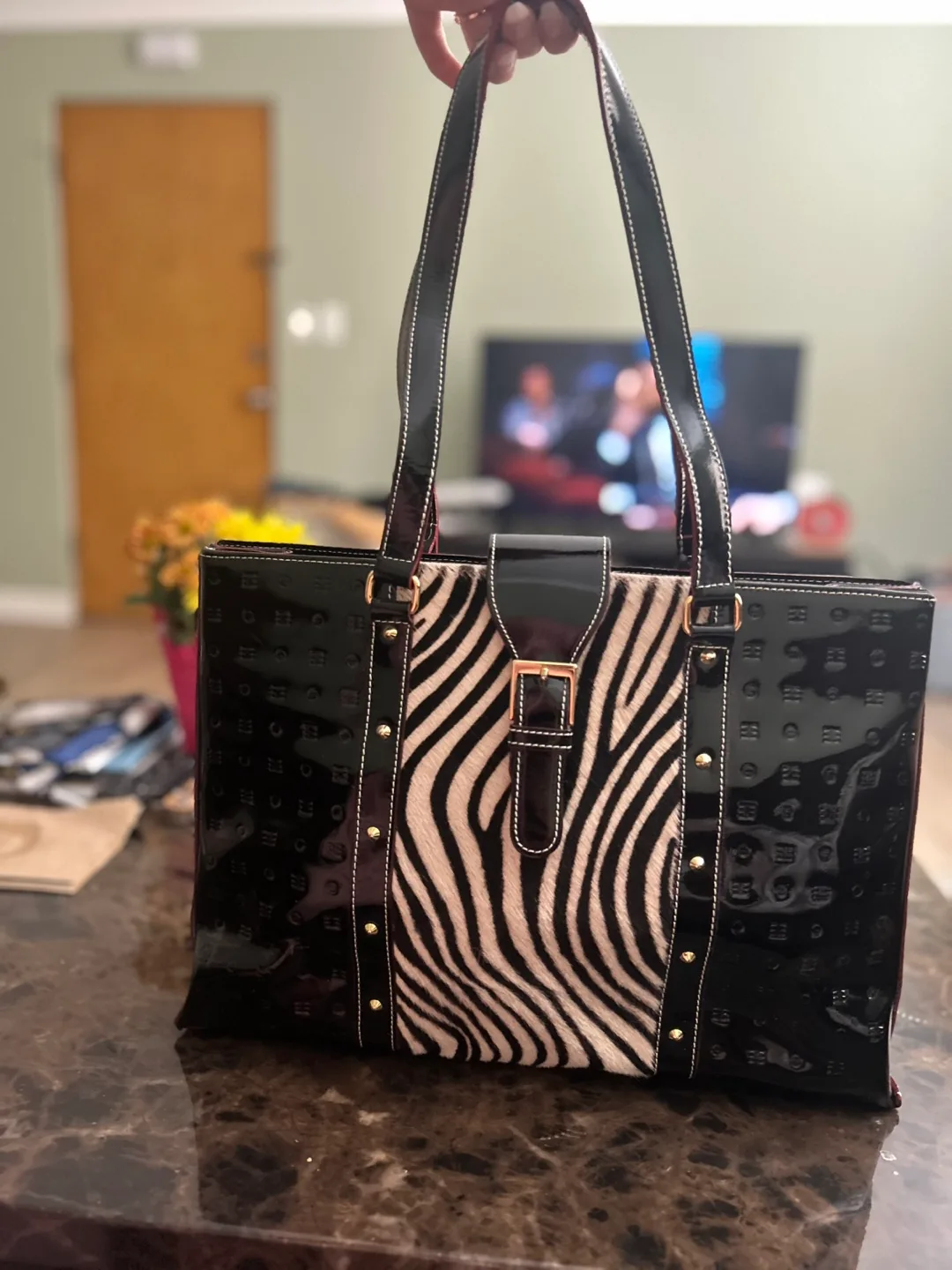 Arcadia Black Patent Leather Zebra Print Bag thumbnail