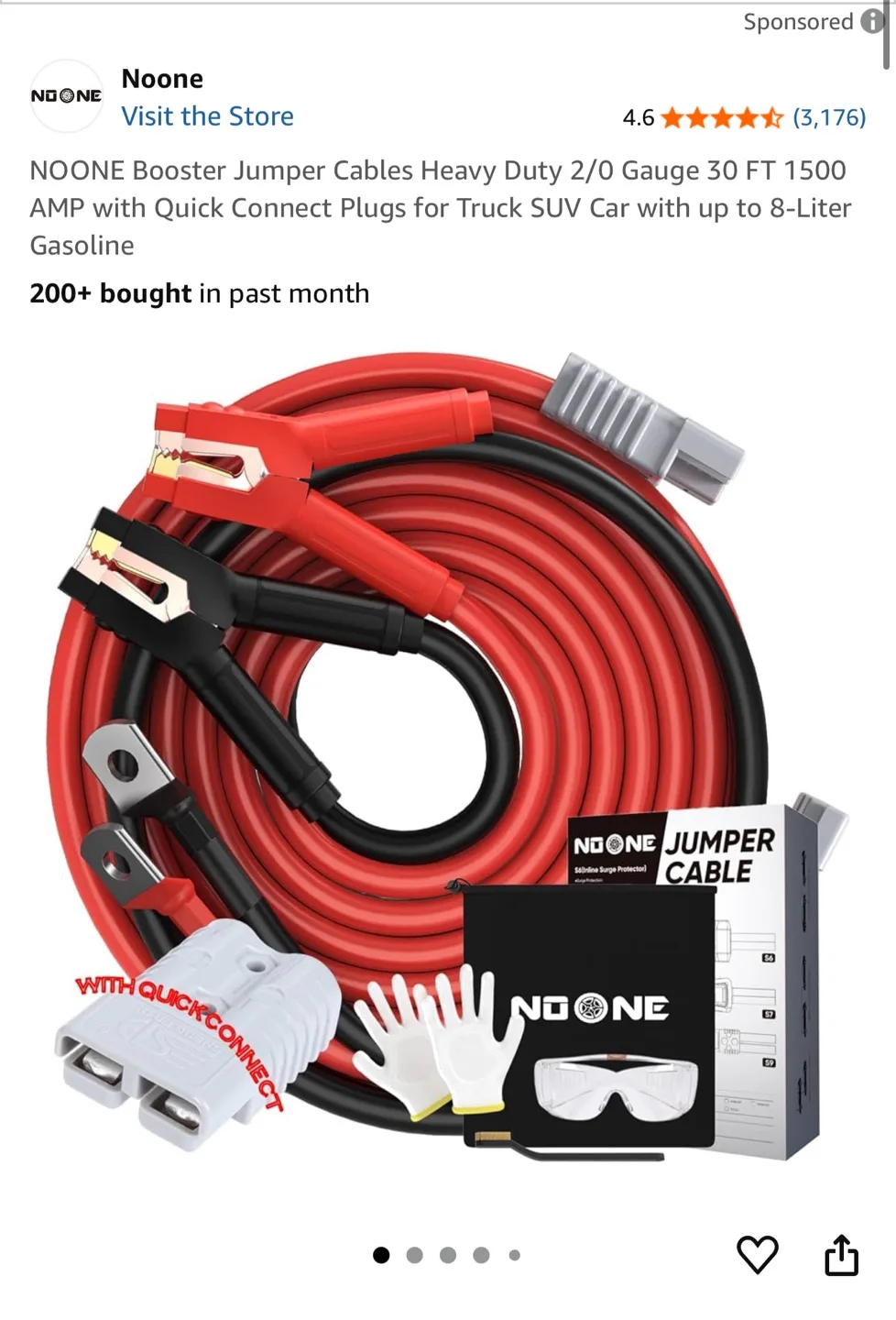 NOONE Booster Jumper Cables Heavy Duty 2/0 Gauge thumbnail