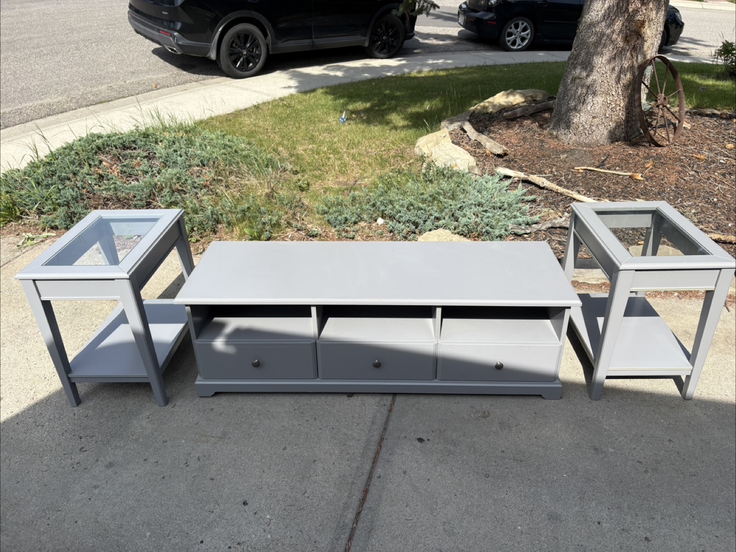 Grey TV Stand with 2 End Tables