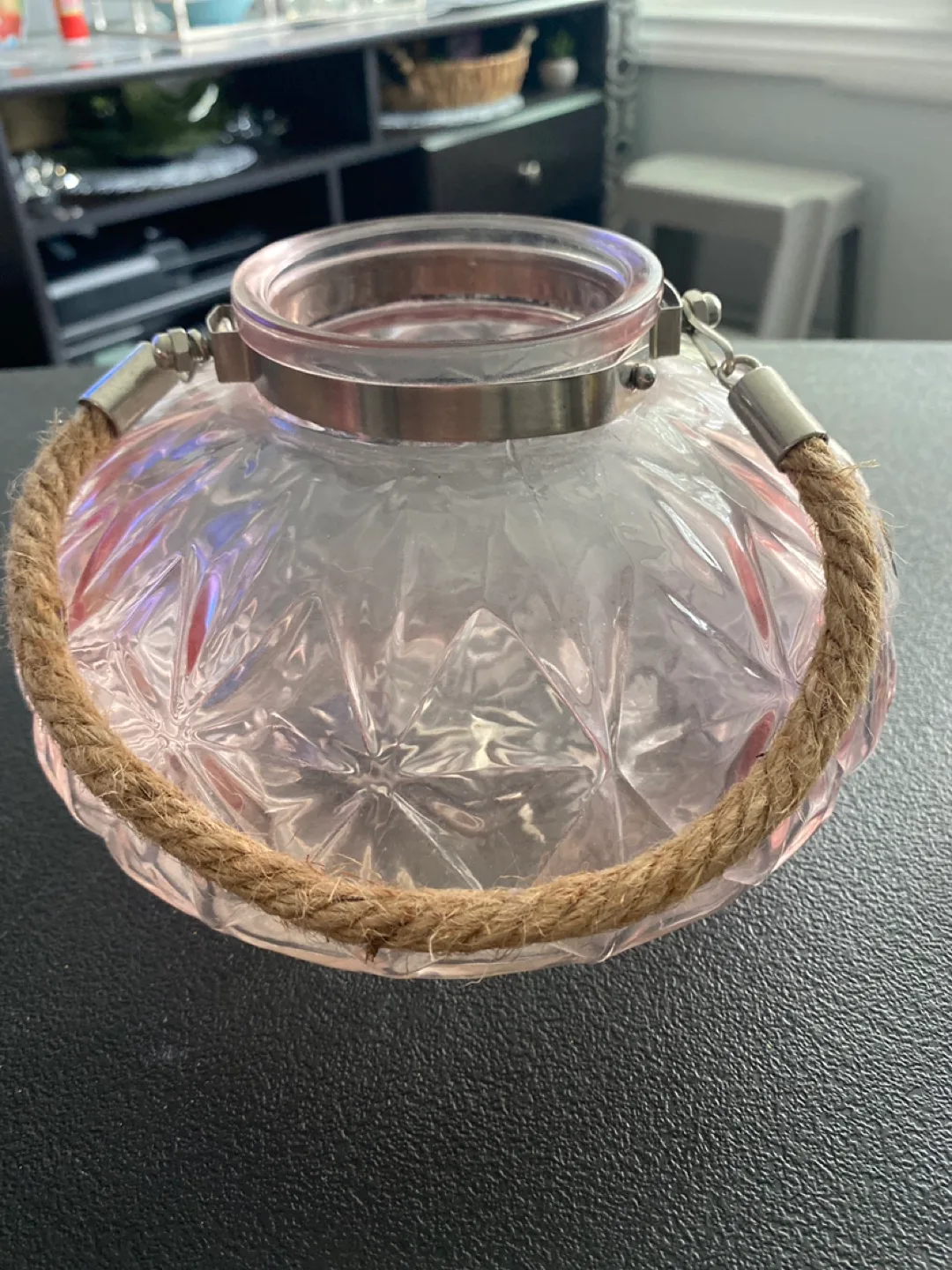 Pink Glass Candle Holder with Rope Handle thumbnail
