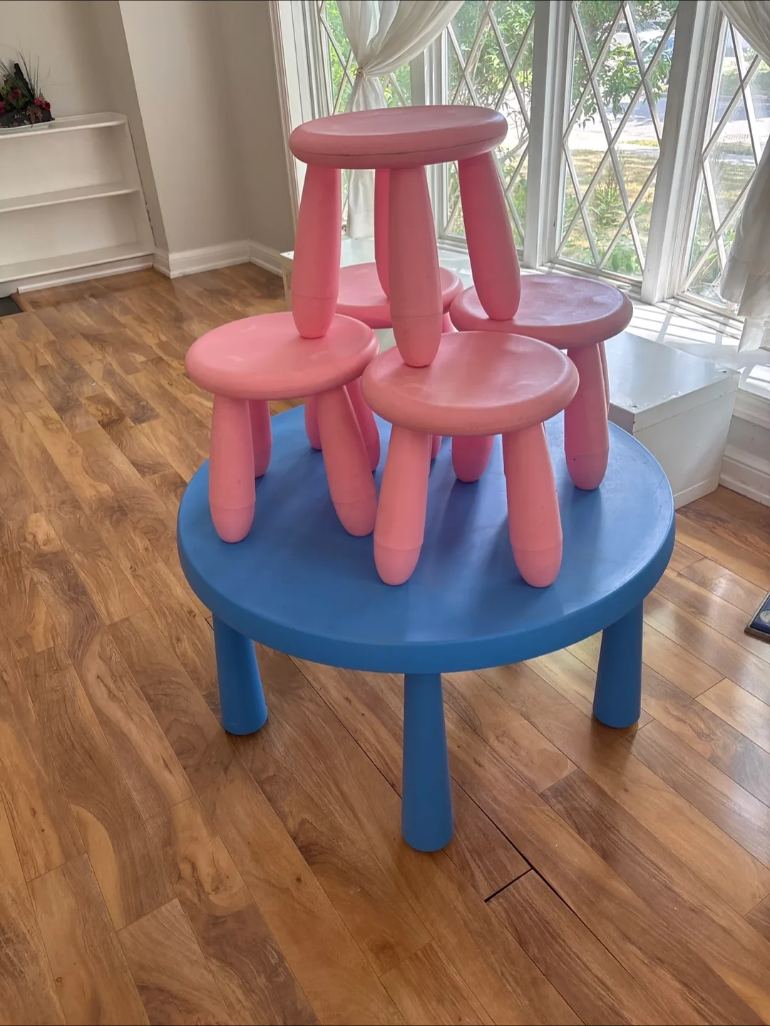IKEA Mammut Kids Table & 4 Stools - Pink & Blue thumbnail
