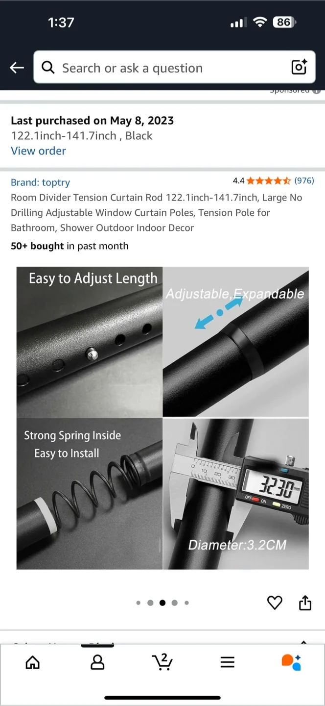 Curtain + Curtain Rod 122.1-141.7 inch Black image indicator(6)