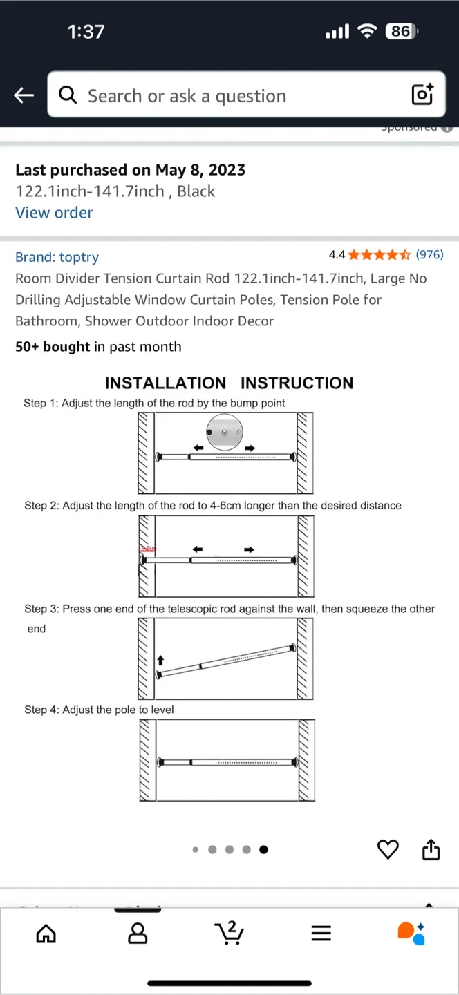 Curtain + Curtain Rod 122.1-141.7 inch Black image indicator(4)