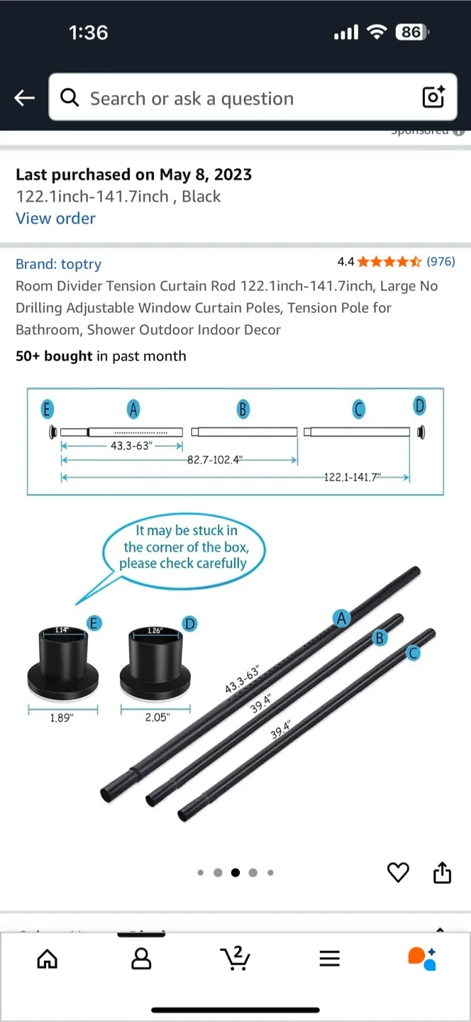 Curtain + Curtain Rod 122.1-141.7 inch Black image indicator(7)