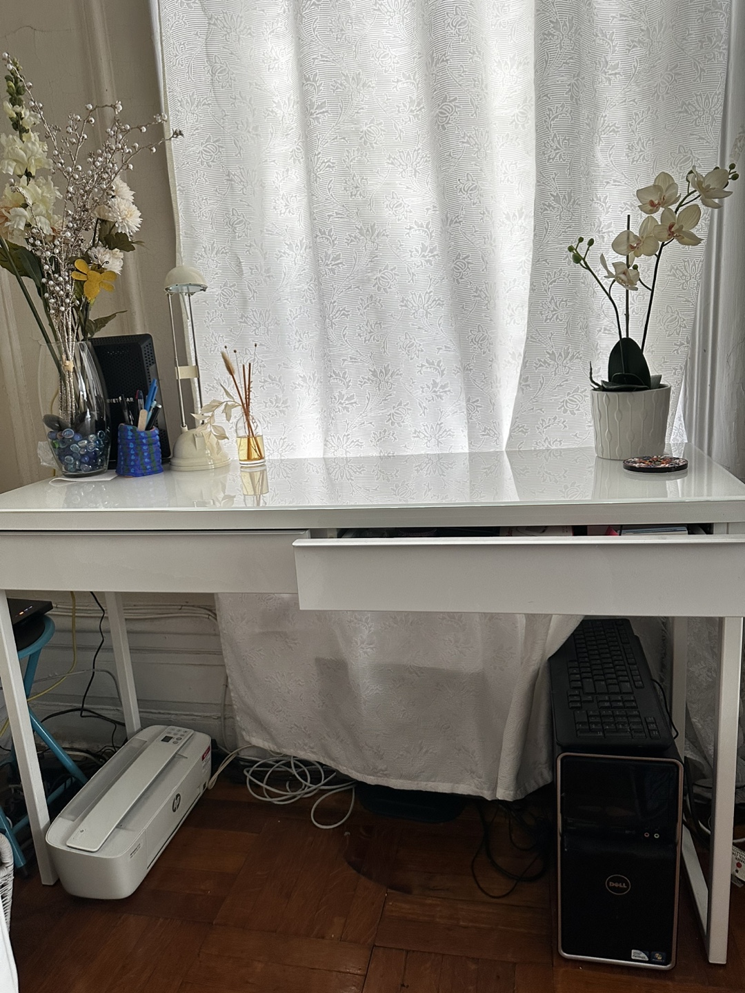 White Desk, two drawers plus glass cover on top.