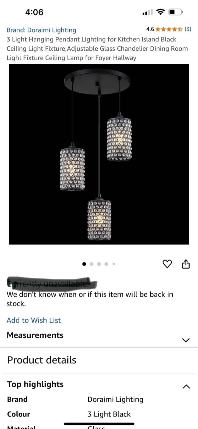 Doraimi Lighting 3-Light Hanging Pendant - Black image indicator(3)