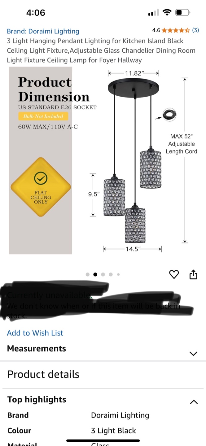 Doraimi Lighting 3-Light Hanging Pendant - Black - photo 2