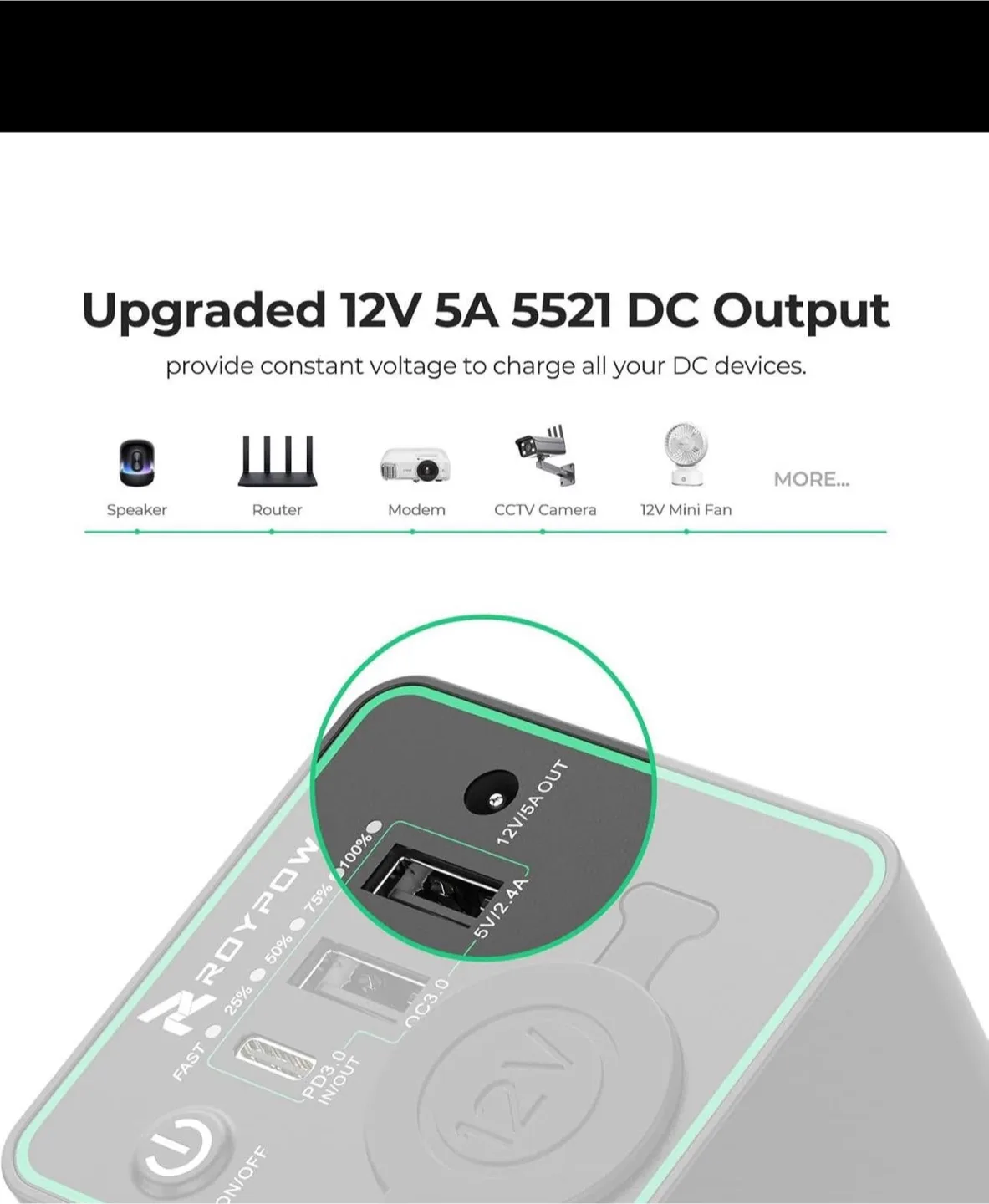 RoyPow 12V 5A 5521 DC Output Power Supply image indicator(3)