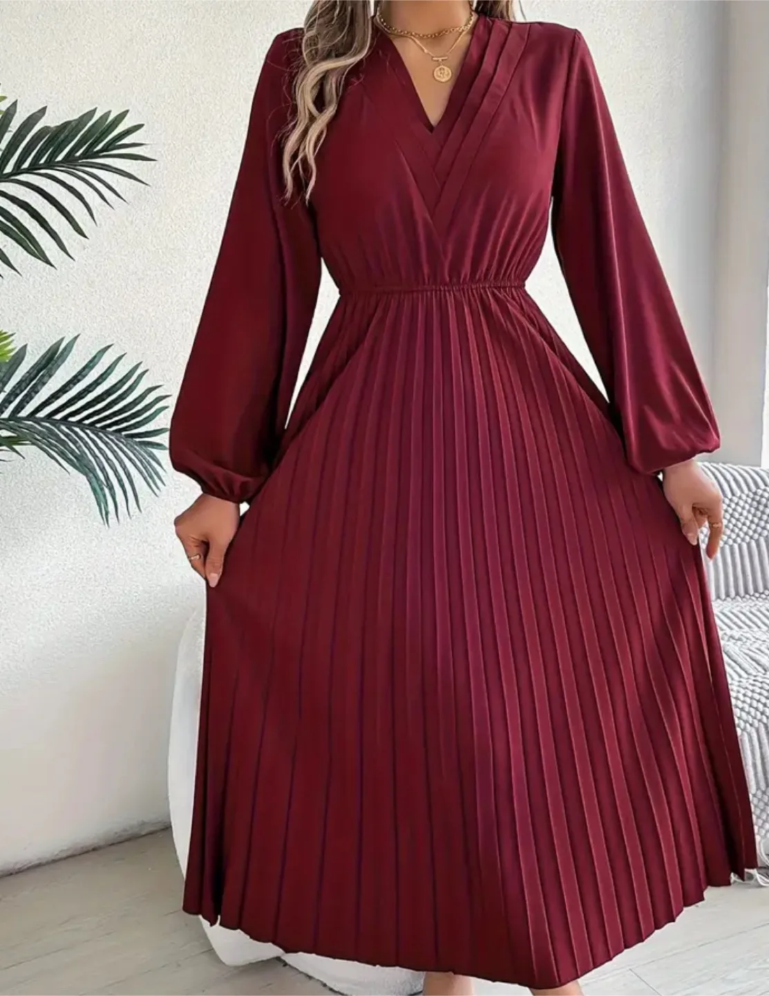 Burgundy V-neck Pleated Dress thumbnail
