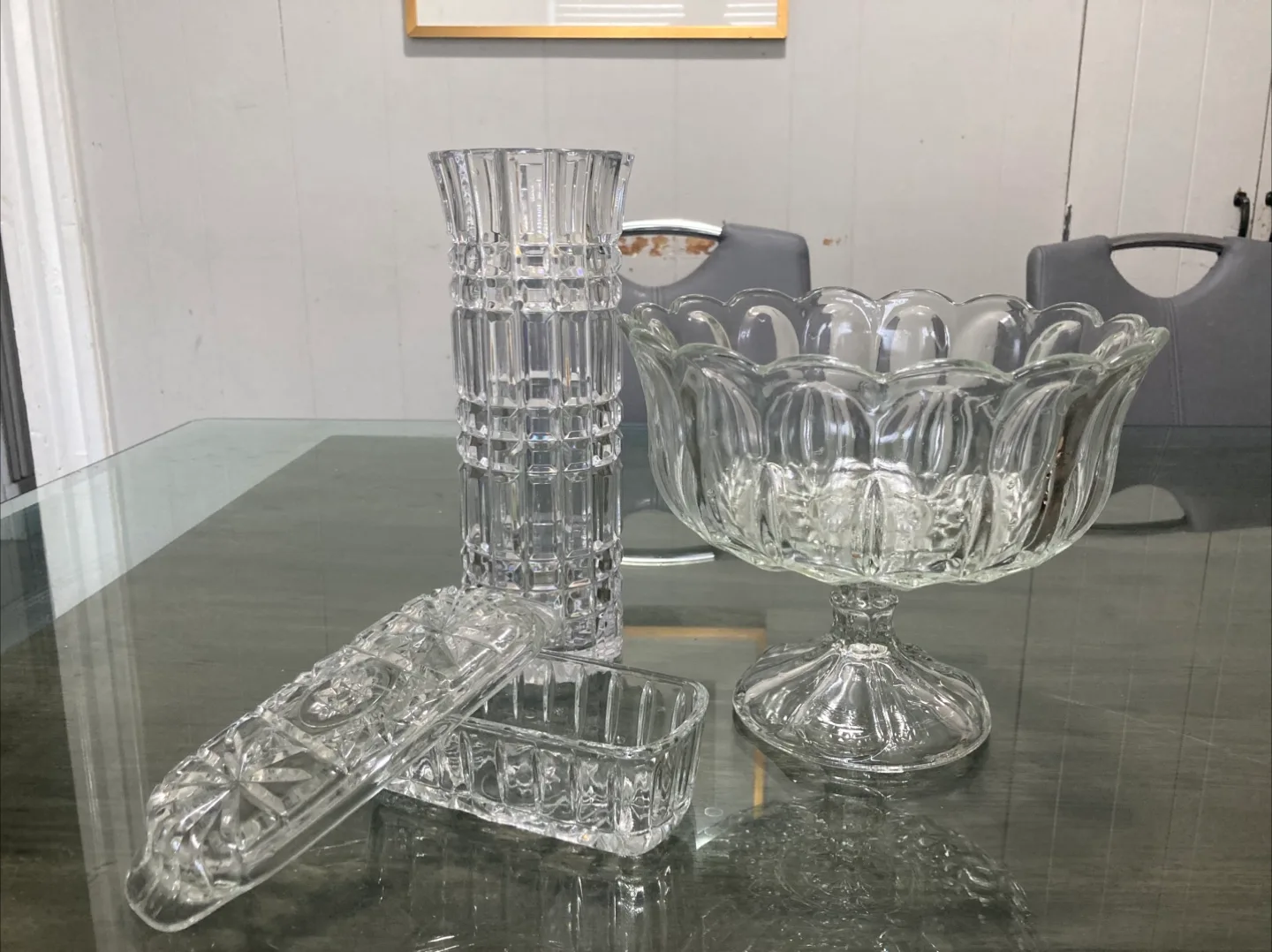 Crystal Glass Vase, Bowl, and Dish Set thumbnail