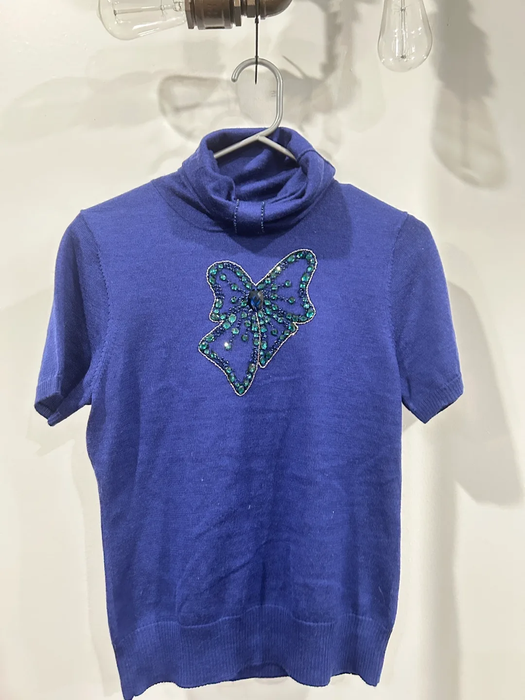 Blue Embellished Short Sleeve Knit Top thumbnail