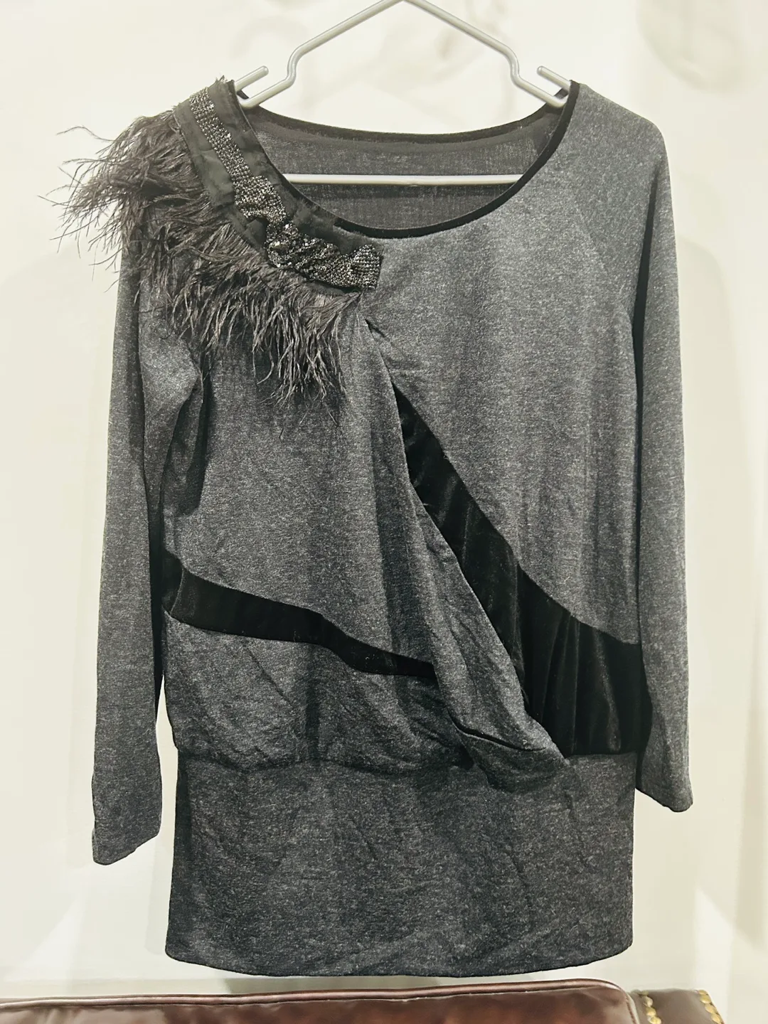 Grey Long Sleeve Feather Embellished Top thumbnail