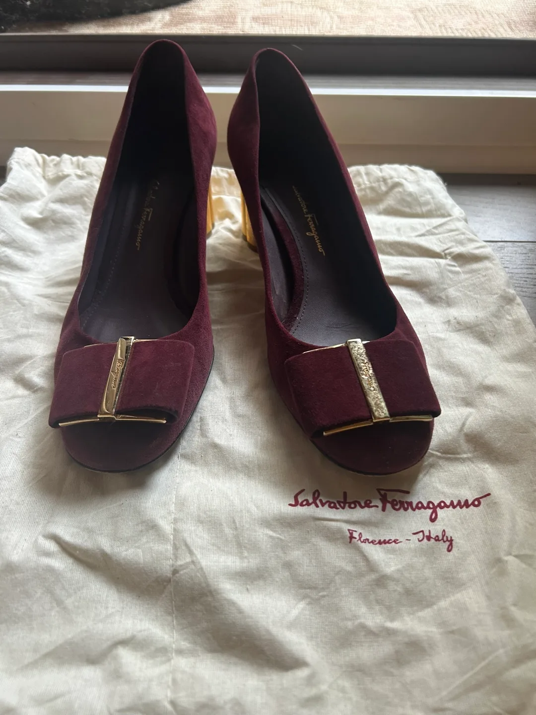 Salvatore Ferragamo Burgundy Suede Heels - Size 9.5 thumbnail