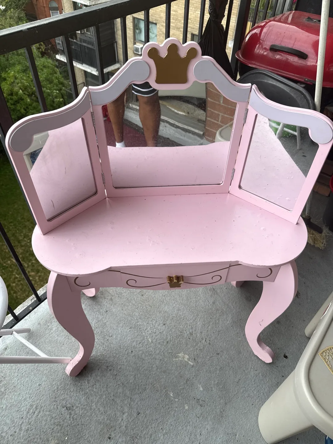 Pink Kids Princess Vanity Table with Tri-Fold Mirror thumbnail