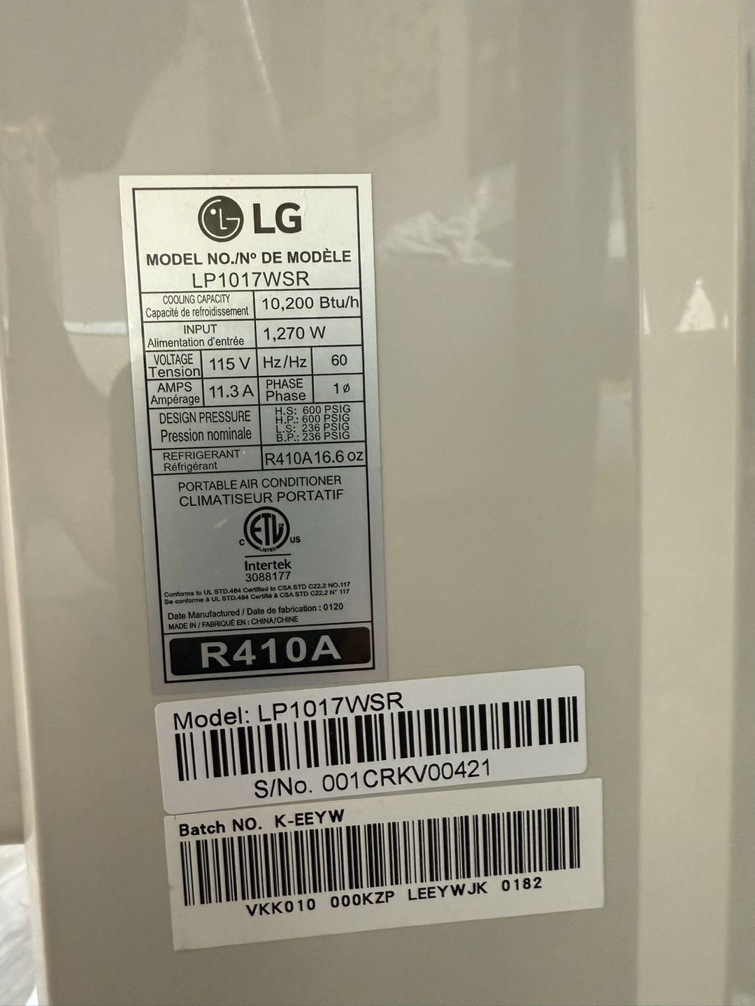 LG Portable Air Conditioner LP1017WSR - photo 2