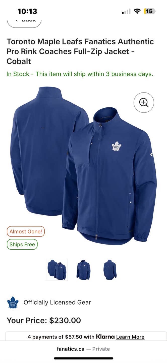 Fanatics Toronto Maple Leafs Authentic Pro Jacket - L