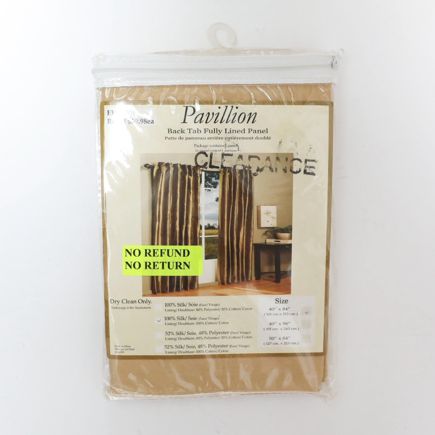 New Pavillion Lined Back Tab Window Panel Curtain Gold 40 x 84