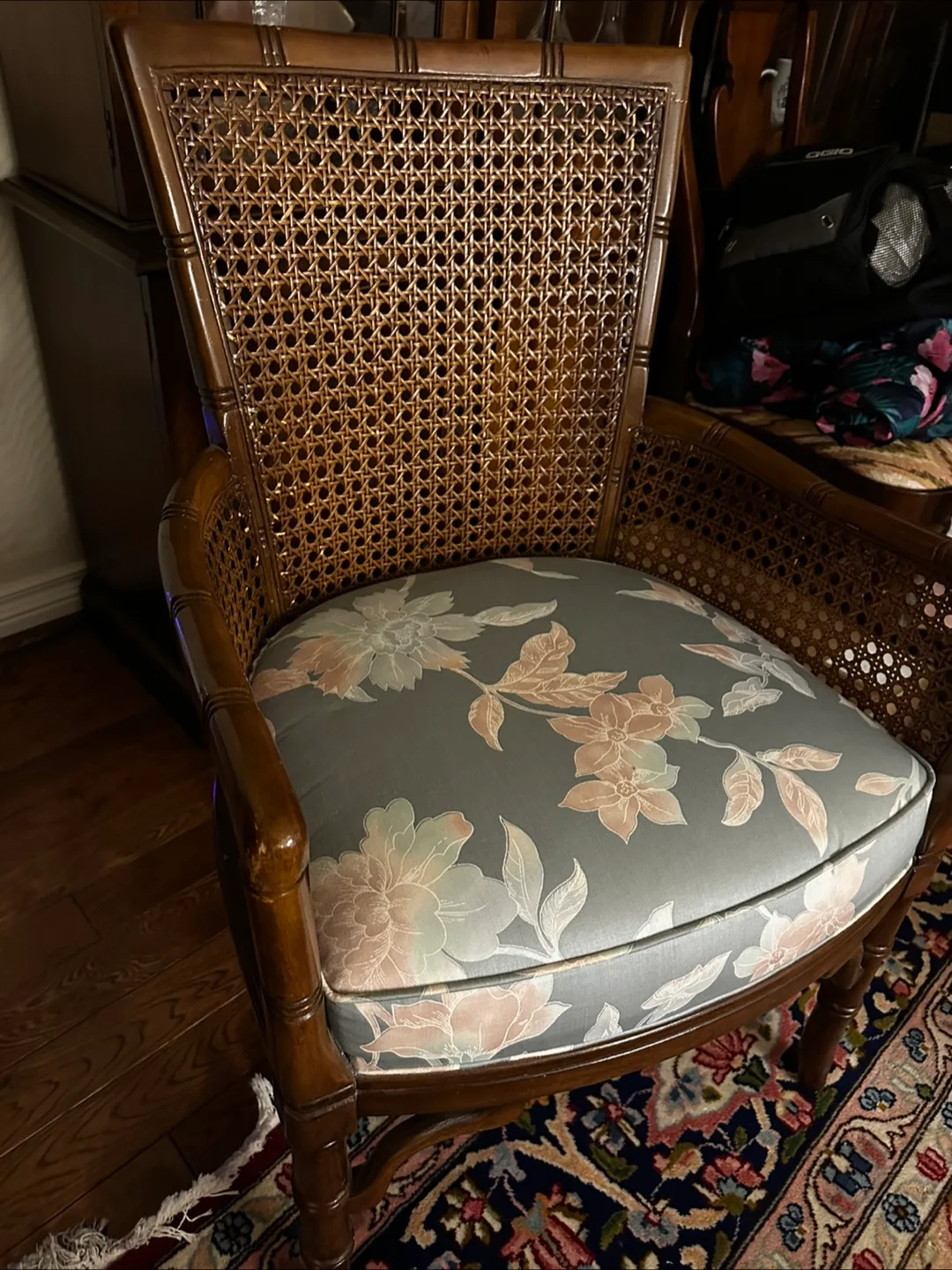 Vintage Rattan Accent Chair with Floral Cushion image indicator(2)