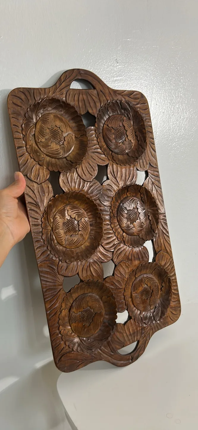 Vintage Wooden Carved Floral Tray thumbnail