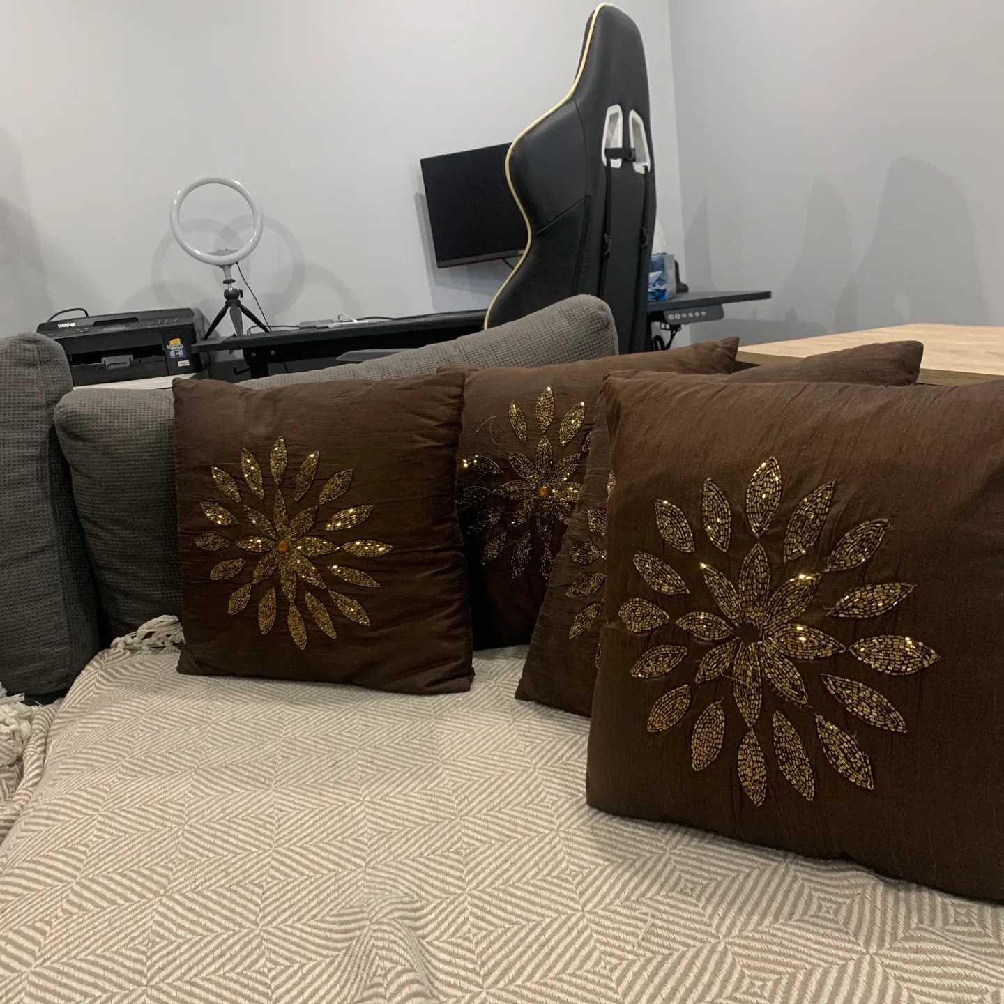 Brown Decorative Pillow with Gold Embellishments thumbnail