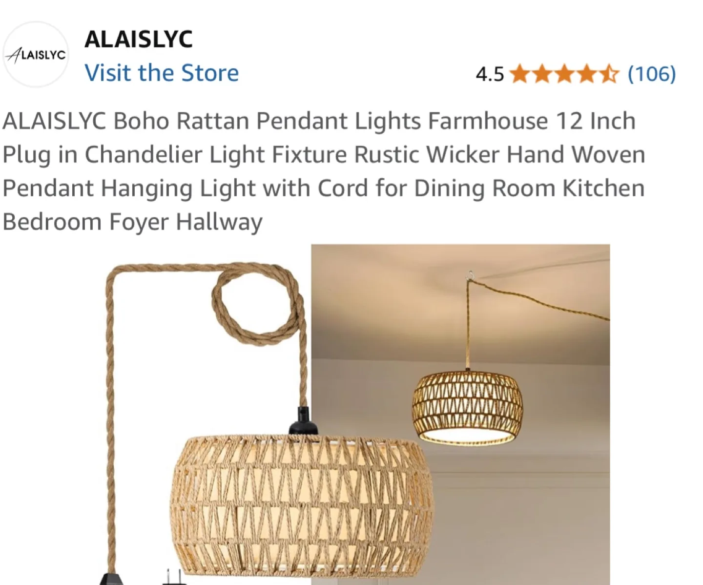 ALAISLYC Boho Rattan Pendant Light - 12 Inch thumbnail