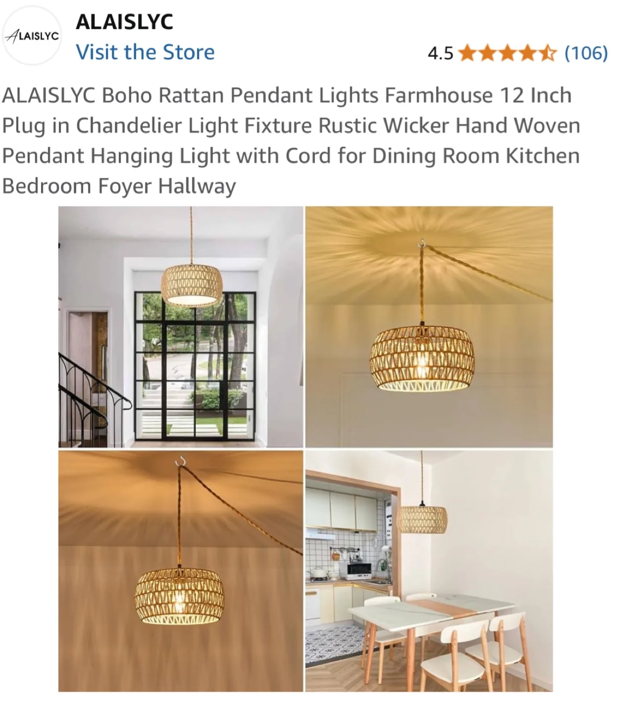 ALAISLYC Boho Rattan Pendant Light - 12 Inch image indicator(5)