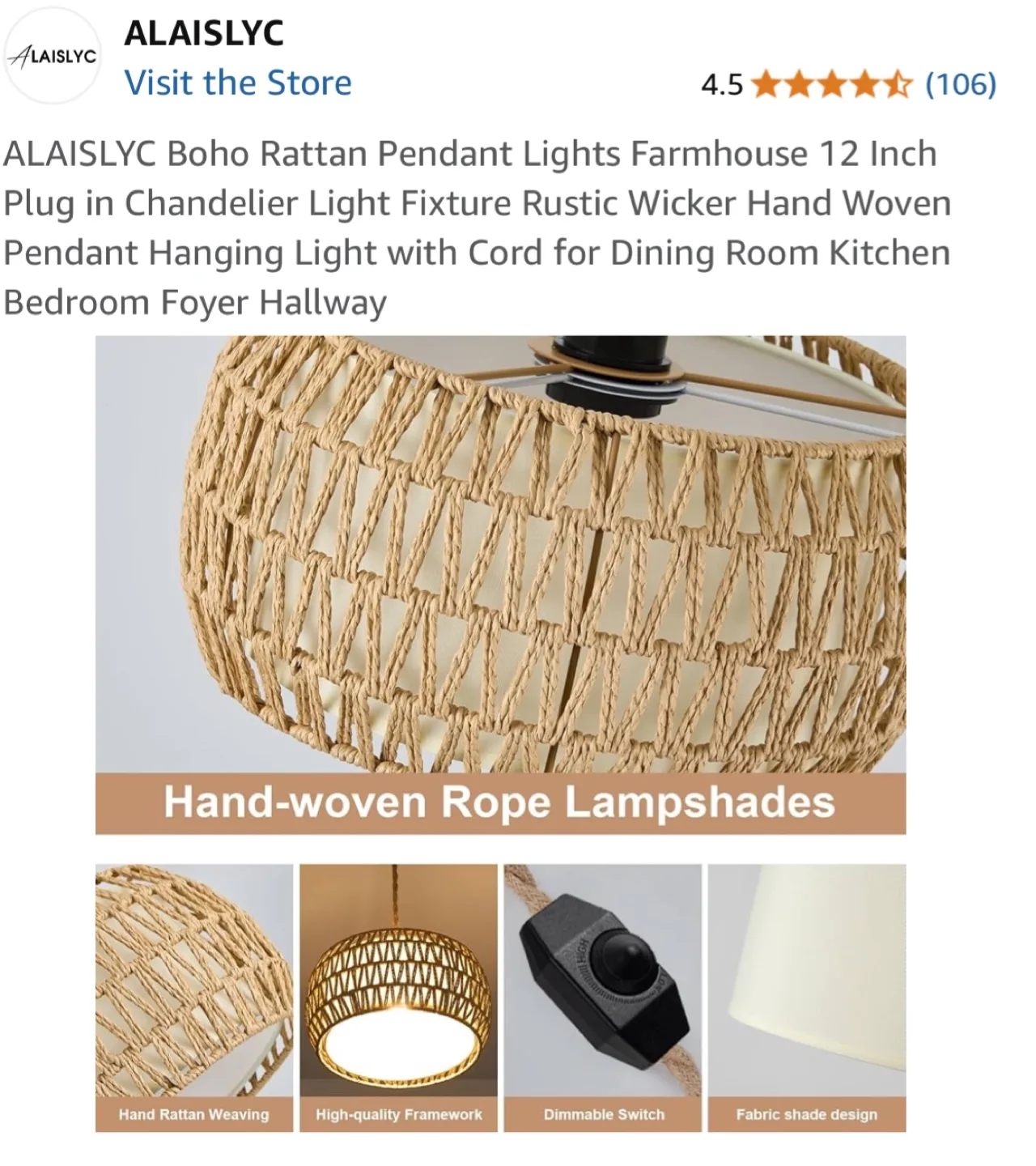 ALAISLYC Boho Rattan Pendant Light - 12 Inch image indicator(6)