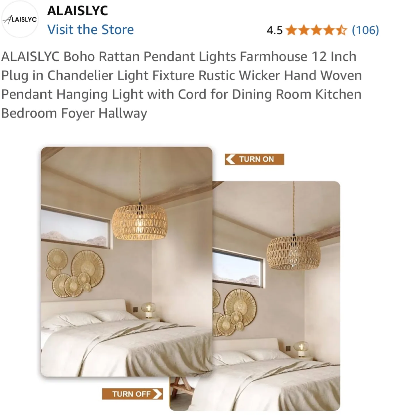 ALAISLYC Boho Rattan Pendant Light - 12 Inch image indicator(4)